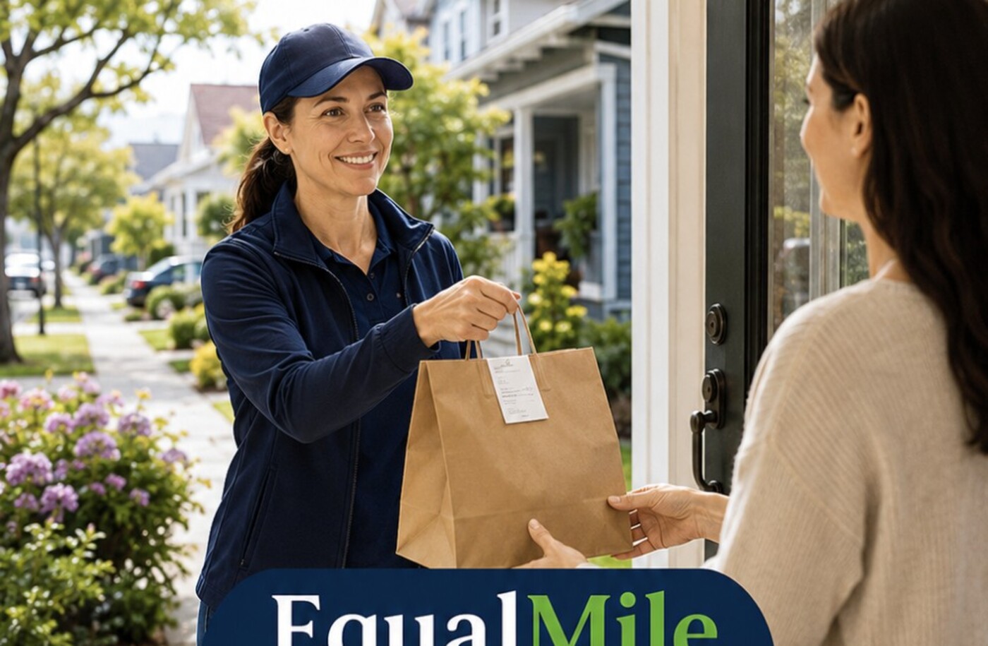 A professional delivery driver handing a protected order to a customer