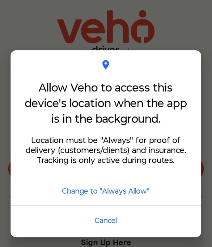 Veho Driver screen requesting background location access and stating tracking is only active during routes