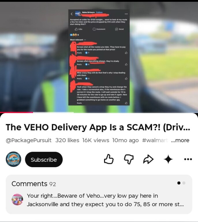 YouTube video by PackagePursuit with a title asking whether the Veho delivery app is a scam